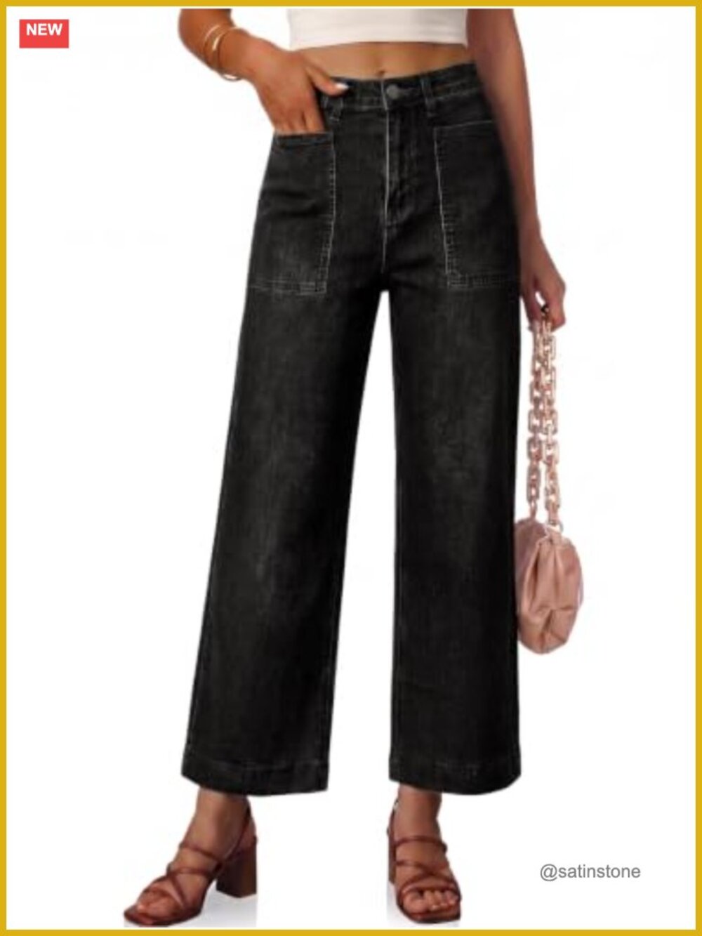 High Waisted Wide Leg Cropped Jeans with Patch Pockets